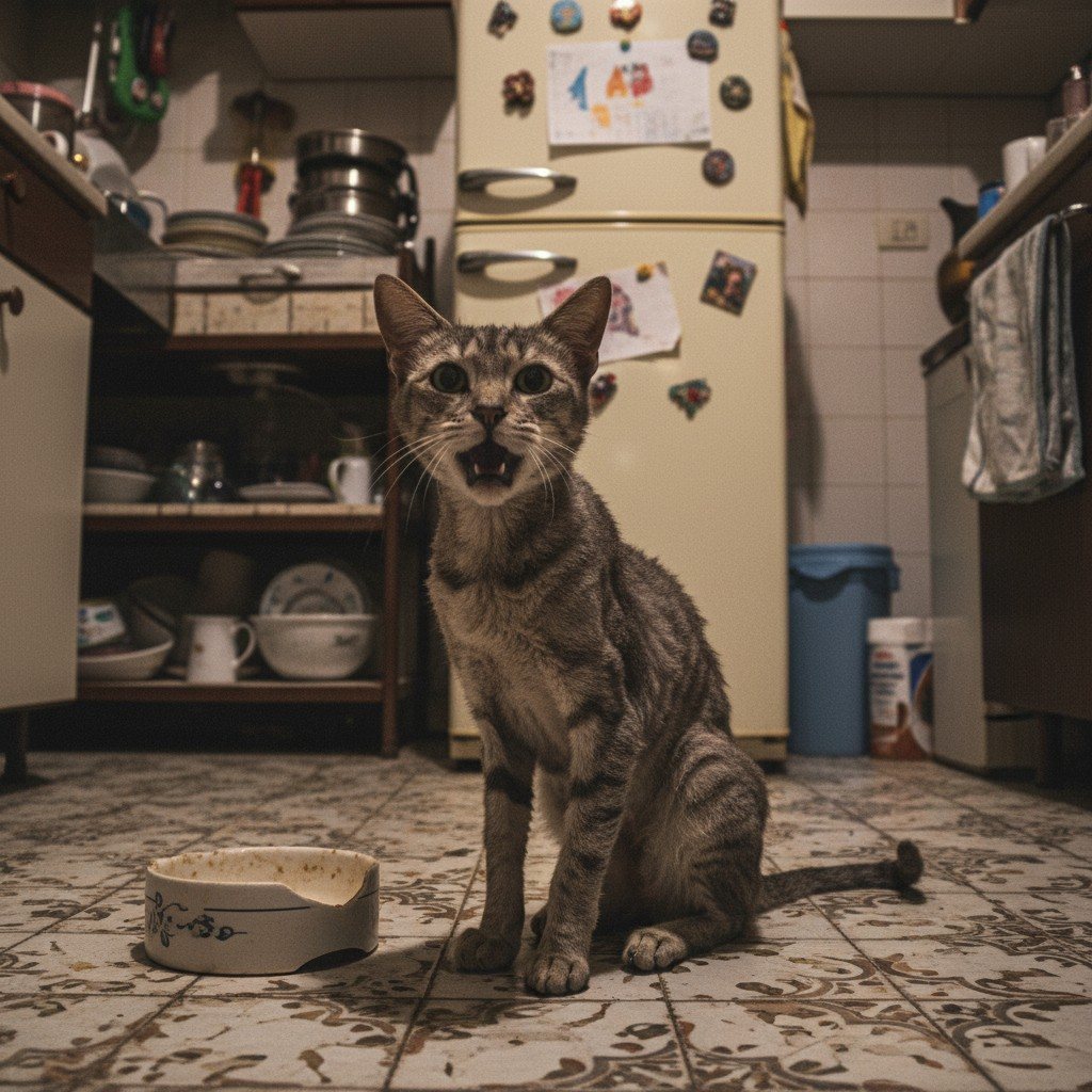 Gatto anziano magro davanti alla ciotola vuota