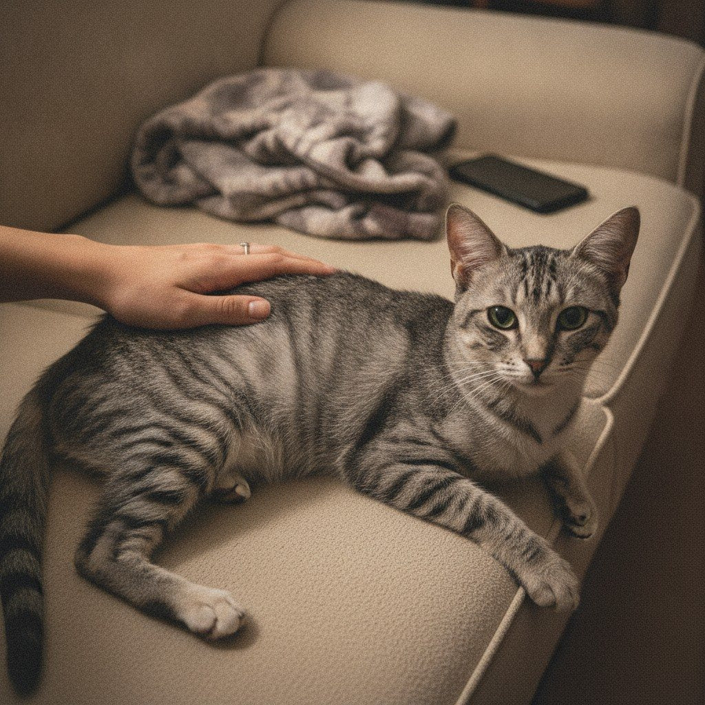 Mano sulla schiena di un gatto anziano magro